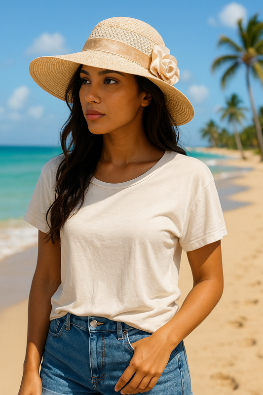 WHITE AND BEIGE HAT WITH RIBBON