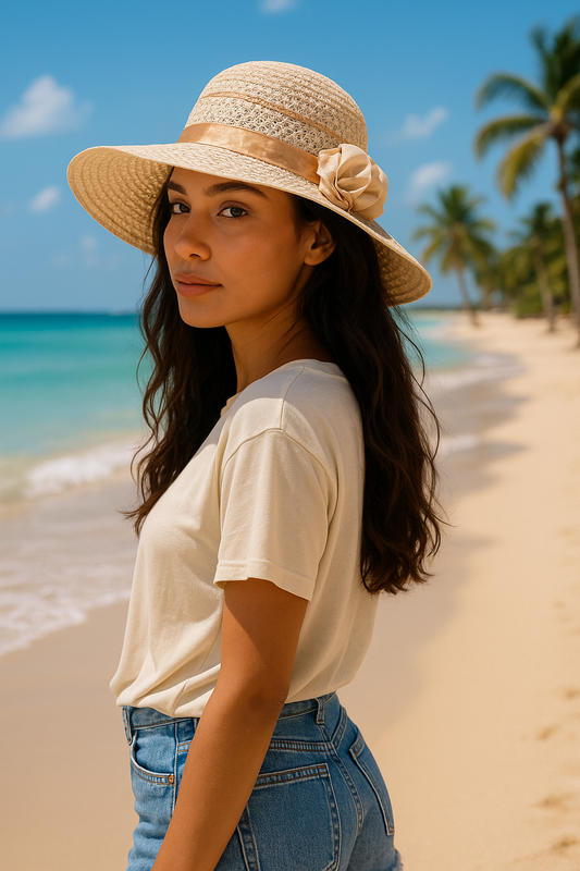 WHITE AND BEIGE HAT WITH RIBBON
