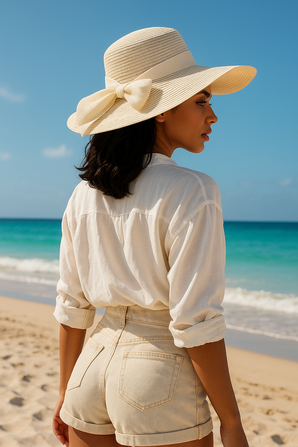WIDE BRIM CREAM RIBBON BOW HAT