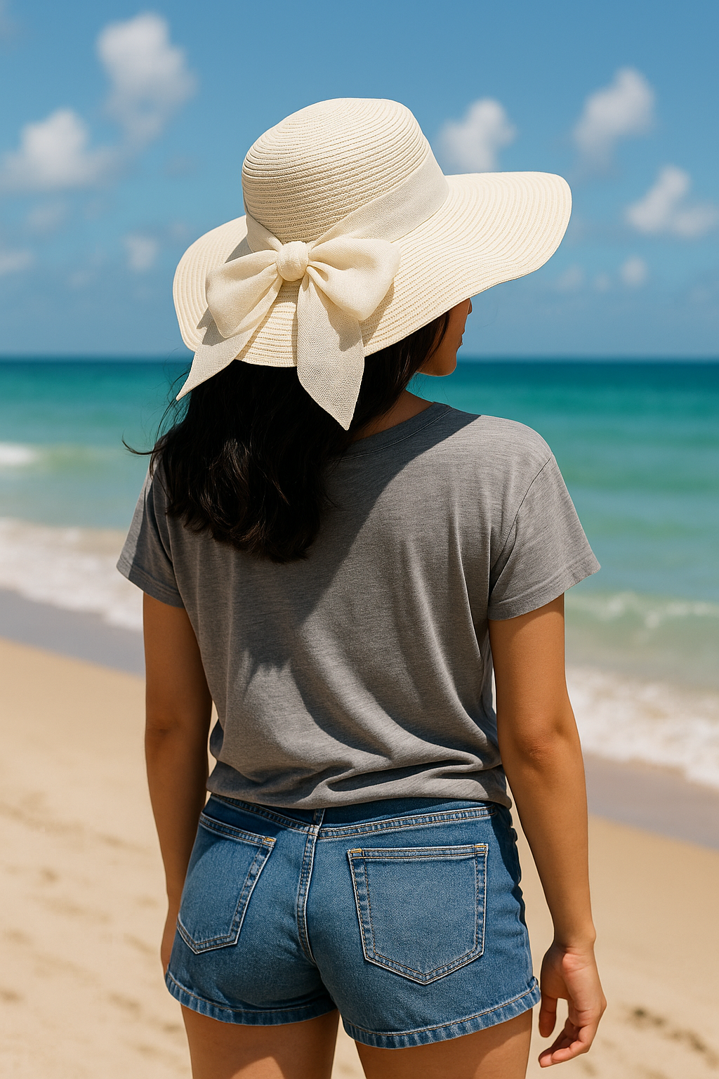 WIDE BRIM CREAM RIBBON BOW HAT