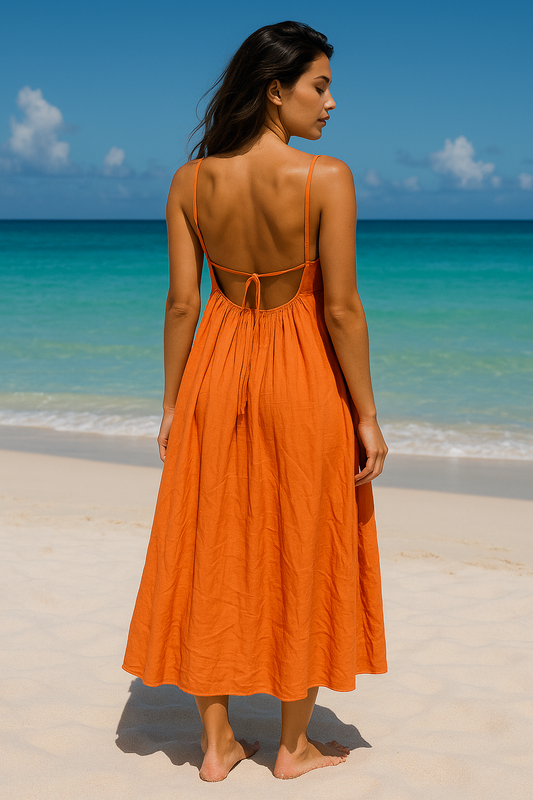Backless Linen Slip Dress – Sunset Orange