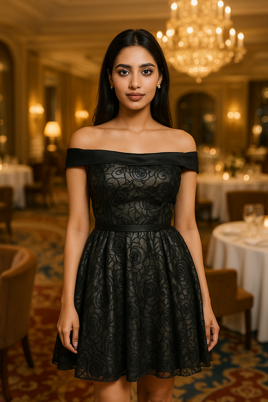 Noir Rose Elegance Off Shoulder Black Party Dress