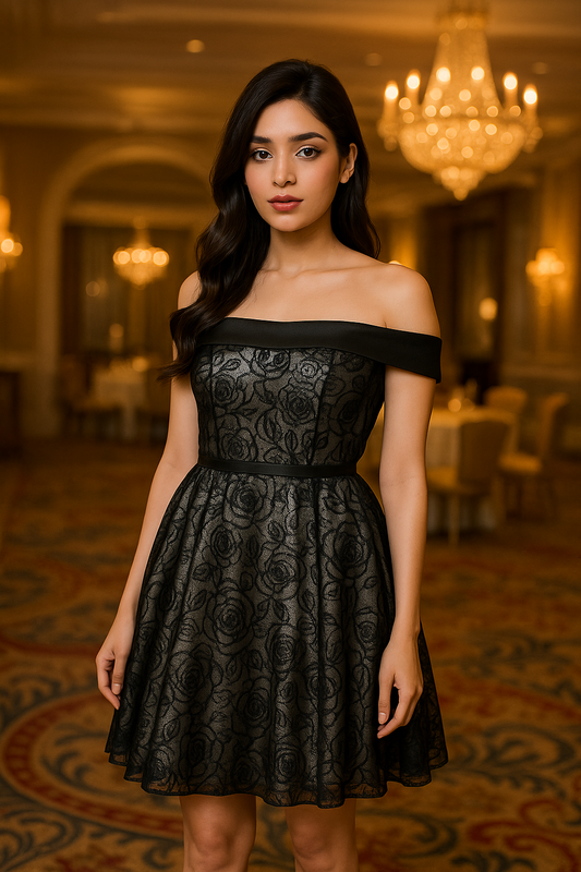 Noir Rose Elegance Off Shoulder Black Party Dress