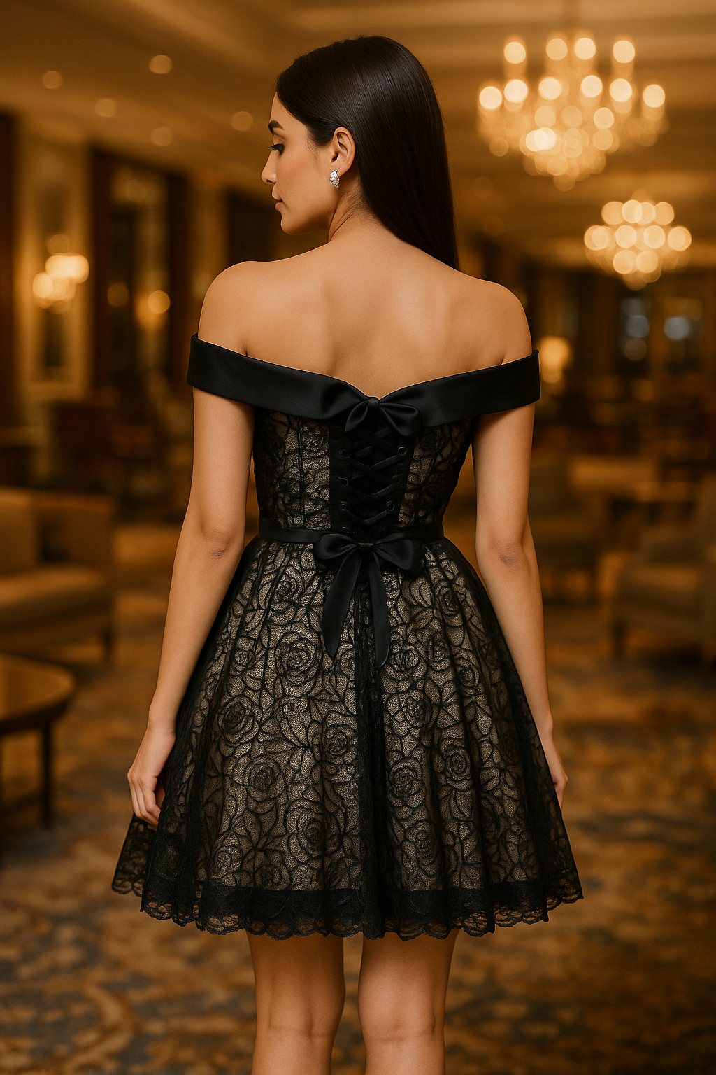 Noir Rose Elegance Off Shoulder Black Party Dress