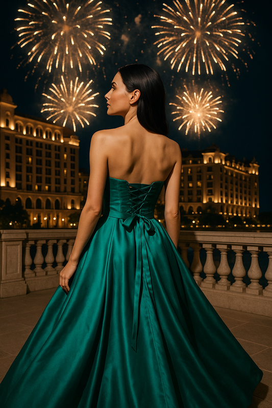 Emerald Elegance Strapless Satin Evening Gown