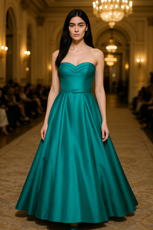Emerald Elegance Strapless Satin Evening Gown