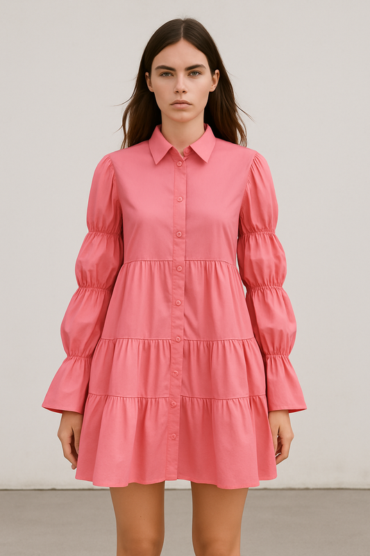 Pink ruffle sleeves short dress