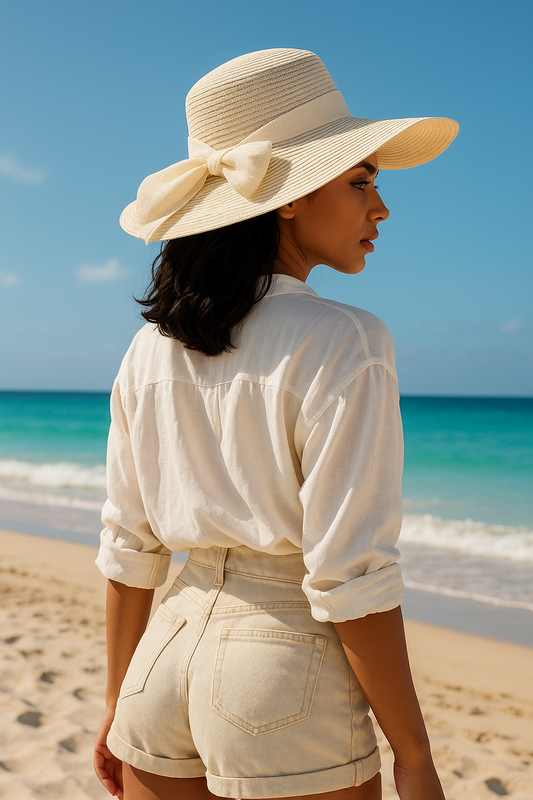 WIDE BRIM CREAM RIBBON BOW HAT