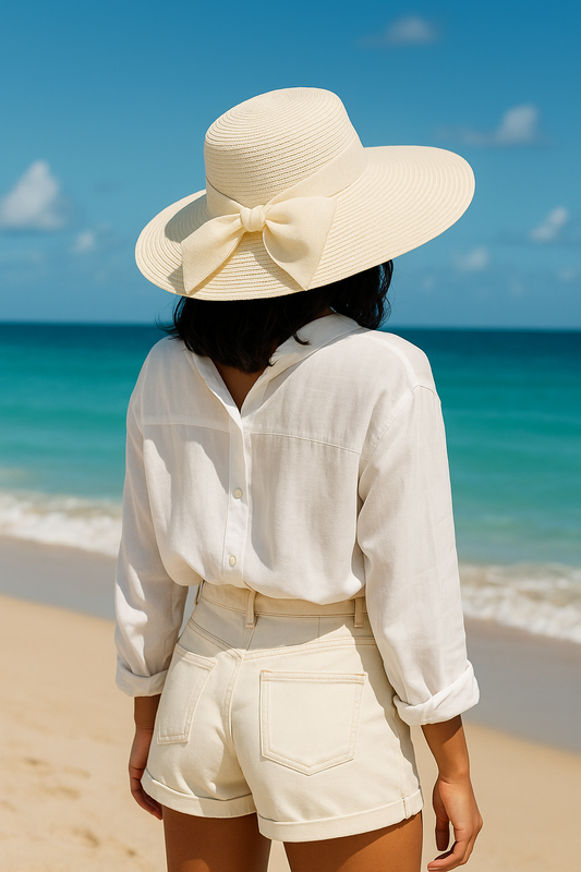 WIDE BRIM CREAM RIBBON BOW HAT